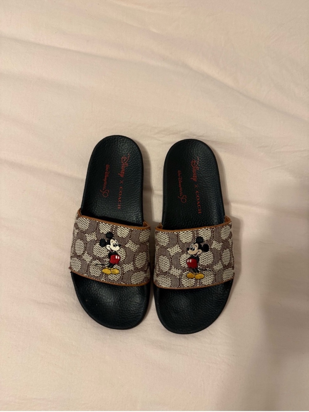 Coach Brown Signature Canvas Mickey Slide Sandals with Black Footbed